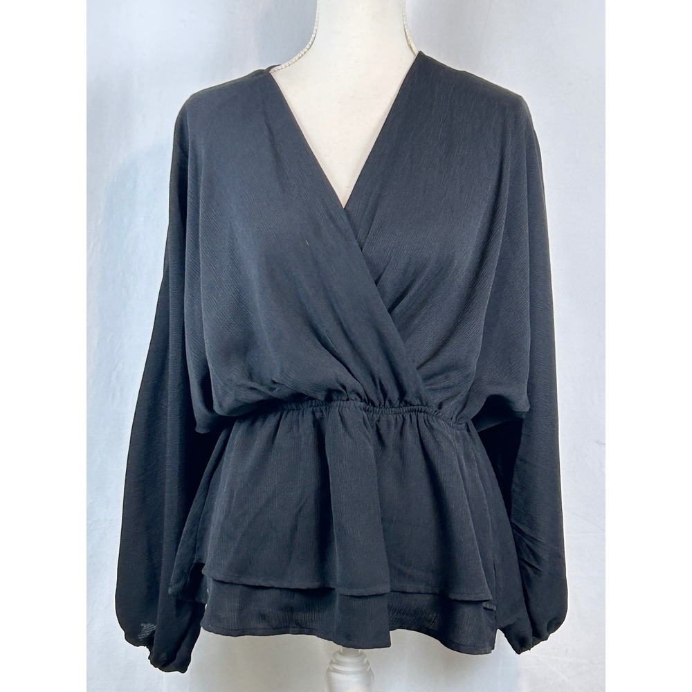 Andrew byUnit Wrap Peplum Blouse Womens Medium Black Dolman Sleeve V-Neck